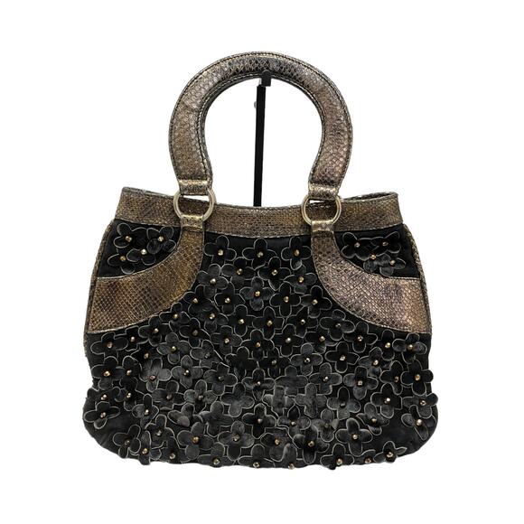 OSCAR DE LA RENTA Black Bronze Mohair and Floral Appliqued Leather Shoulder Bag